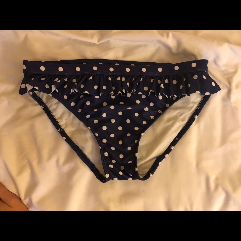 Navy white polka dot bikini bottom with ruffle